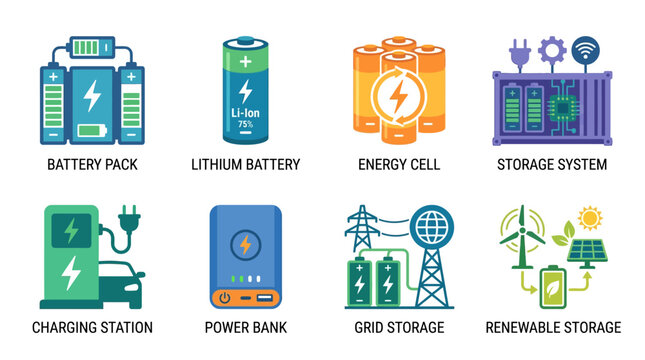 Vector set of sustainable energy icons including battery pack, lithium battery, energy cell, and renewable storage solutions for eco-friendly power.