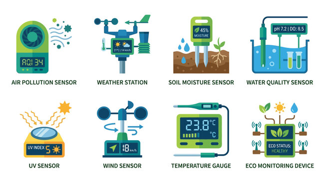 Environmental monitoring vector set with air pollution sensor, weather station, soil moisture sensor, and water quality sensor icons in an industrial setting.