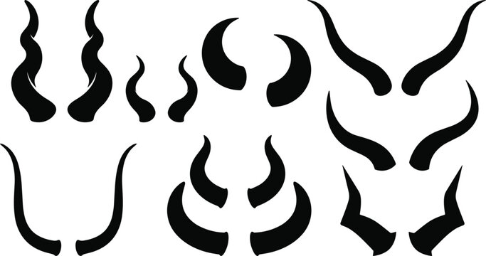 Set of black animal horn silhouettes in various shapes including devil, bull, goat, and antelope isolated on white background for fantasy, horror, and nature design.