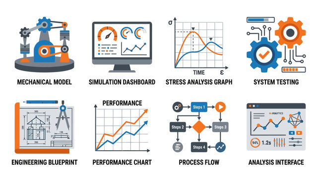 A vector set of industrial and technological icons showcasing mechanical models, simulation dashboards, and system testing with various graphs and charts.