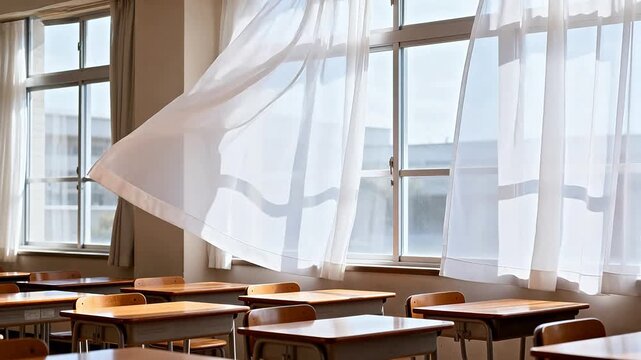 Empty classroom with sunlight through windows