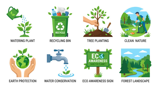 Eco friendly vector set illustrating various earth protection actions and nature conservation methods in a clean environment with recycling and water conservation.