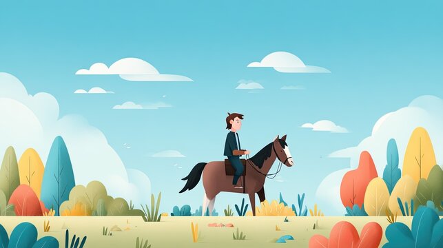 A stylized illustration of a person riding a horse through a colorful, abstract landscape with rolling hills, trees, and a bright blue sky