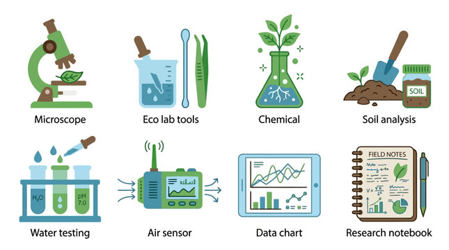 Vector set of eco friendly laboratory equipment for soil and water testing and research analysis in a science environment with various tools and devices.