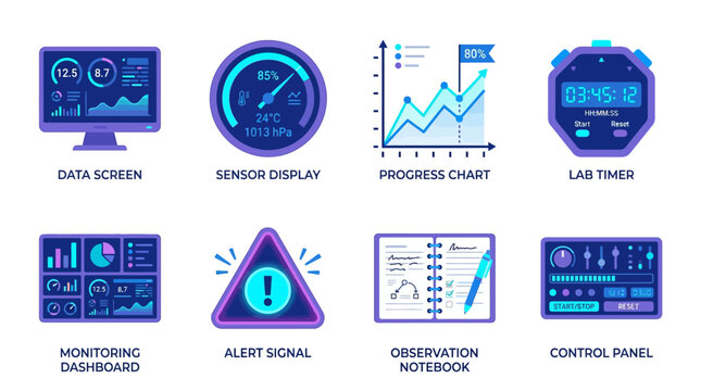 A vector set of infographic elements depicting a monitoring system with data screen and sensor display in a control room environment.
