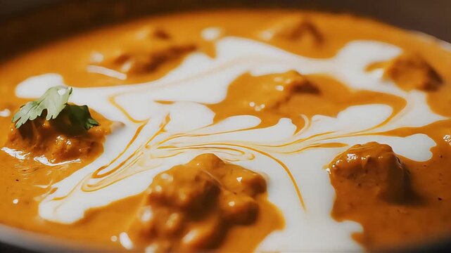 Cream Pouring on Butter Chicken Curry Close Up Cinematic