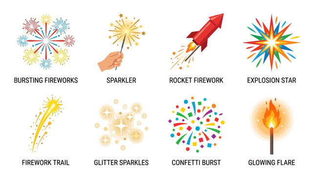 Vibrant vector set of fireworks exploding in night sky with sparkling trails and glowing flares celebrating festive occasions with rocket firework and glittering confetti.