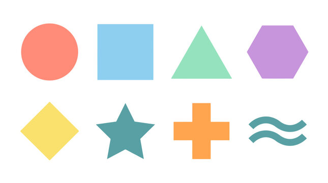 A vector set of colorful geometric shapes including a circle square triangle hexagon diamond star cross and wavy lines