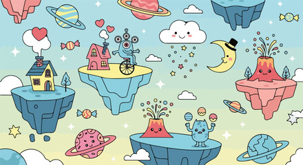 Whimsical Cartoon Illustration of Floating Islands and Planets. © Linda