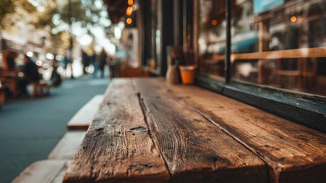 Urban Cafe Ambiance: A close-up shot captures the rustic charm of a weathered wooden table, set against the backdrop of a bustling city cafe, inviting one to savor the moment.