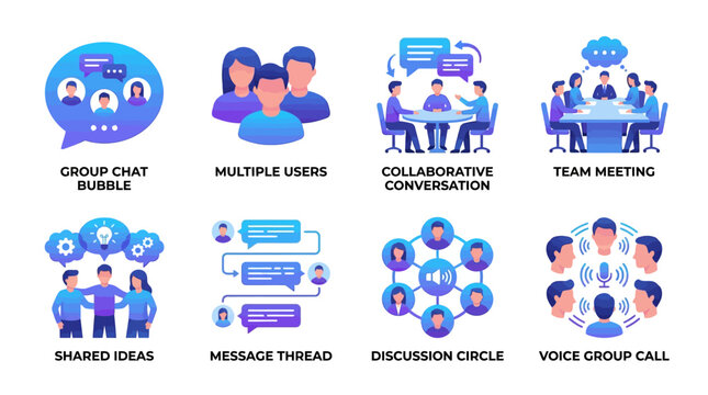 Vector set of office communication icons depicting group chat, team meetings, and collaborative conversations in a modern workspace environment with multiple users.