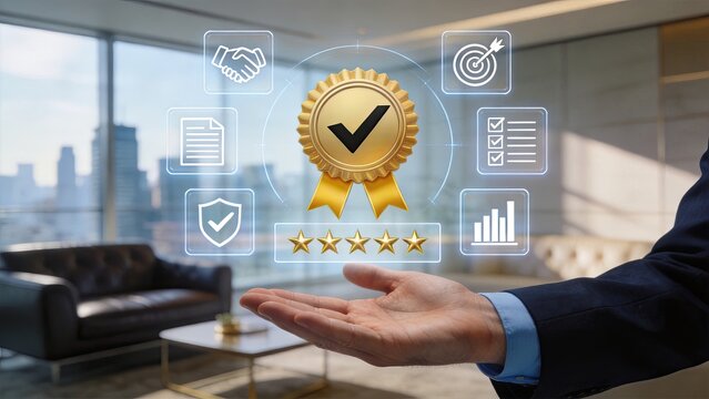 Businessman holding holographic gold award badge with checkmark surrounded by icons of handshake target checklist security graph and five stars symbolizing success quality
