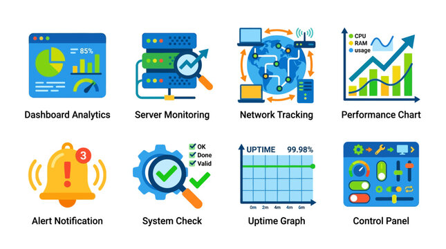 A vector set of dashboard analytics icons featuring server monitoring, network tracking, and performance charts for system control and alert notifications.