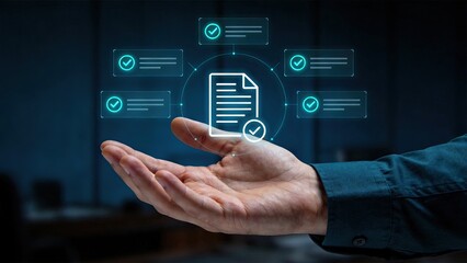 Fototapeta premium Businessman hand holding holographic document icon with checkmarks digital contract verification paperless office technology corporate compliance secure data management futuristic