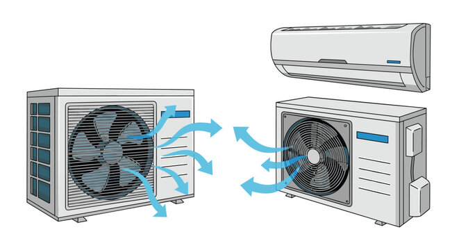 Illustration of residential air conditioning systems including outdoor compressors and indoor wall mounted units.