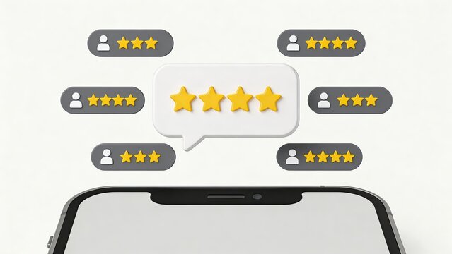3D illustration of smartphone with floating chat bubbles showing five star ratings customer reviews positive feedback user experience mobile app interface social proof