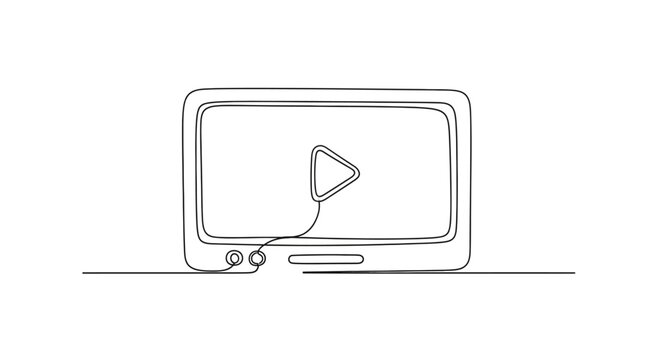 Minimalist single line drawing of a retro television with a play button icon on screen