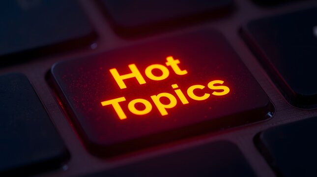 Close-up of a brightly illuminated keyboard key with a smooth, matte finish, displaying the text Hot Topics in vibrant and bold in orange font