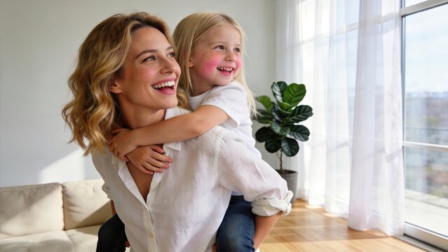 Happy mother carrying her daughter on back playful family moment in bright living room joyful parenting bonding love childhood togetherness domestic happiness natural light candid