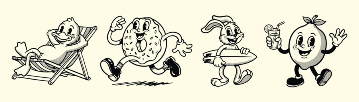 Vector illustration collection pack set of retro groovy cartoon character. retro mascot cartoon characters, groovy cartoons vintage rubber hose style