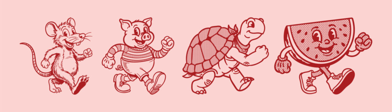 Vector illustration collection pack set of retro groovy cartoon character. retro mascot cartoon characters, groovy cartoons vintage rubber hose style