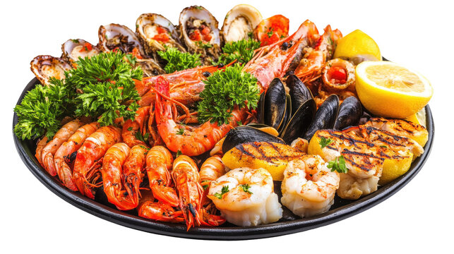 Assortment of fresh seafood and grilled lemon on dark plate garnished with parsley and rosemary.