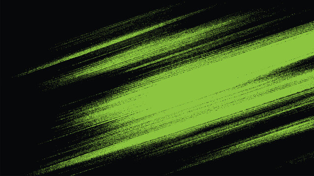 Green abstract diagonal streaks on black background with halftone effect dynamic motion blur texture