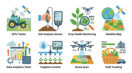 Fototapeta premium Agricultural vector set illustrating modern farming technology with GPS tractor, soil sensor, crop monitoring, satellite map, data chart, irrigation control, drone scan, and yield tracking tools.