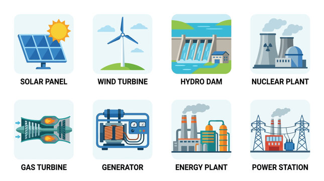 The vector set illustrates various renewable and non-renewable energy sources including solar panel, wind turbine, hydro dam, and nuclear plant in an industrial landscape.
