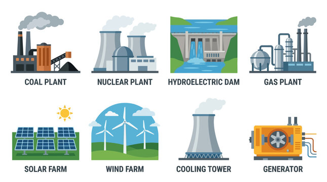A vector set illustrating various industrial power generation methods including a coal plant, nuclear plant, hydroelectric dam, gas plant, solar farm, wind farm, cooling tower, and generator.
