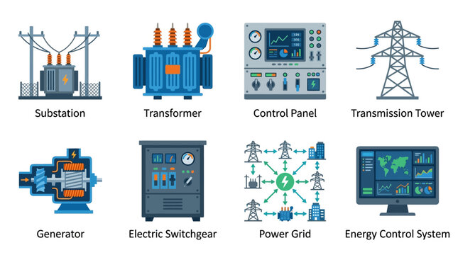 Vector set of industrial power infrastructure icons including substation, transformer, control panel, transmission tower, generator, electric switchgear, power grid, and energy control system.