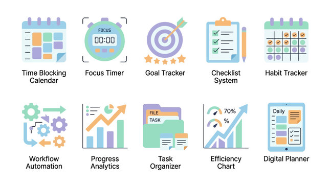 Productivity vector set featuring various office tools and planners on a desk for workflow optimization.