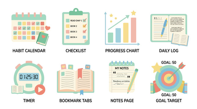Productivity vector set including daily log, habit calendar, progress chart, and goal setting icons for business and lifestyle organization