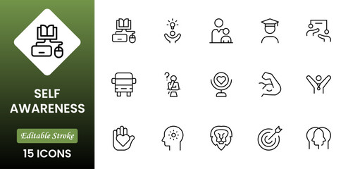 Fototapeta premium Self-Improvement icon collection set. Productivity, progress, management, user growth, decision making, transformation icon. Simple glyph vector collection