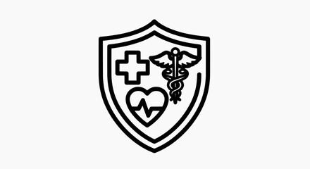 Fototapeta premium A Black and White Icon Shield with Medical Symbols A Heartbeat Line, a Cross, and a Caduceus