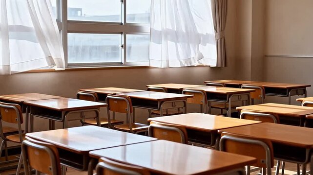Empty classroom with wooden desks and chairs