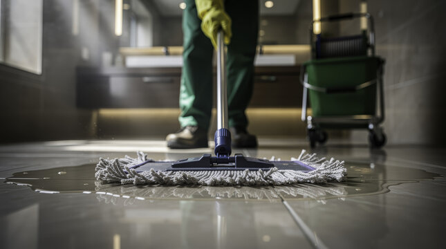 Male Cleaner Mopping Luxury Commercial Bathroom Interior
