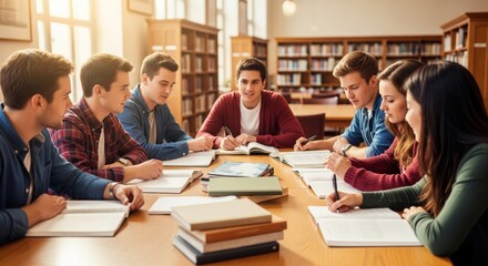 Fototapeta premium Students Collaborate at Library Table Study Group in Sunlight