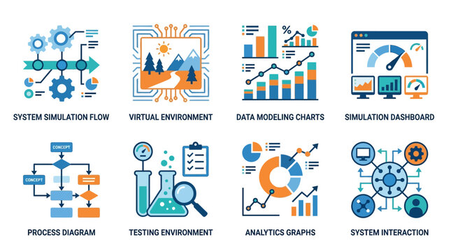 A comprehensive vector set of business and technology icons depicting system simulation flow, virtual environments, data modeling charts, and analytics graphs.