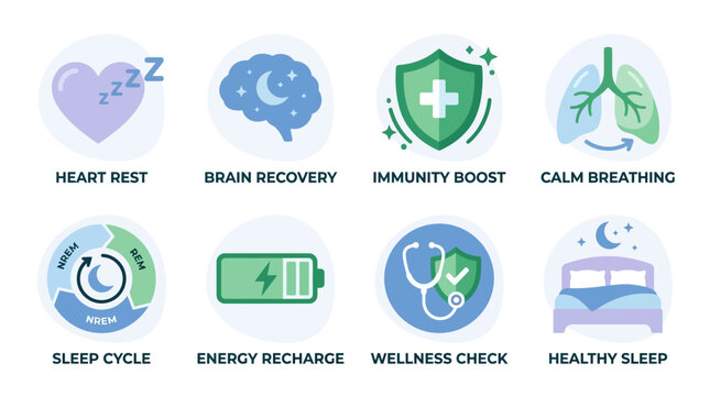 Vector set of wellness icons illustrating health benefits through sleep, recovery, and immunity boost in a calm environment with people sleeping and recharging.