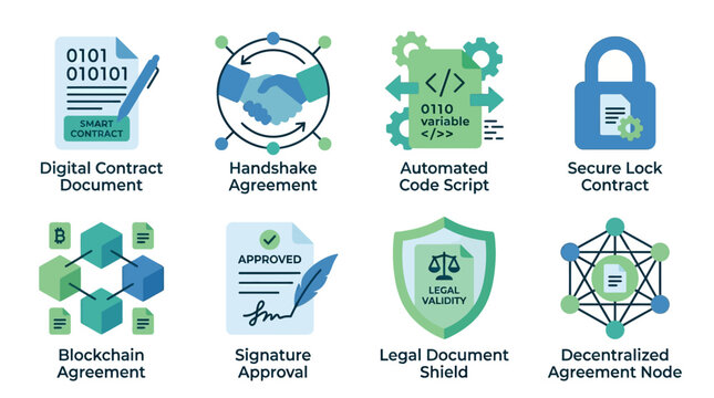 A vector set of blockchain icons depicting secure digital contract documents and decentralized agreement nodes for automated code script and legal document shield.