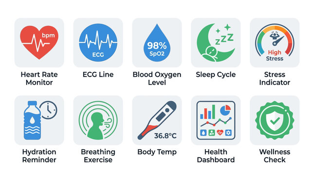 A vector set of health icons displays various wellness indicators including heart rate monitor, oxygen level, and stress indicator on a health dashboard.