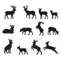 Fototapeta premium A collection of black deer silhouettes in various poses on a white background
