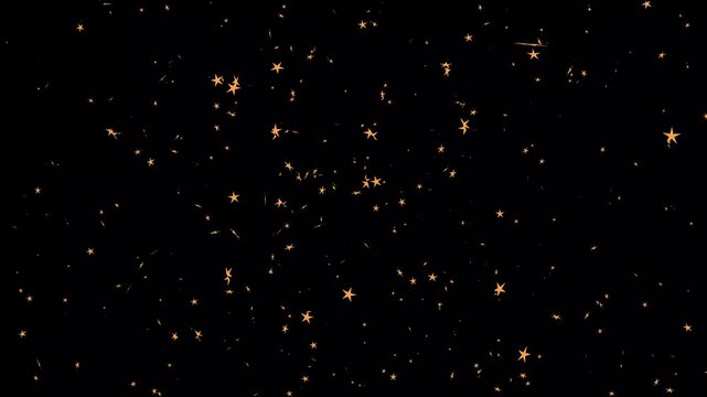 Golden star confetti explosion burst with shimmering particles and dynamic spread motion, festive overlay on black background with alpha channel in 4K