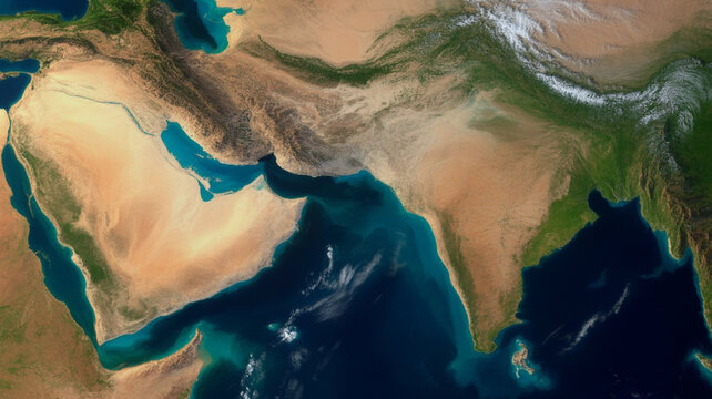 Satellite view of Arabian peninsula and Middle East showing vast desert and ocean landscapes.