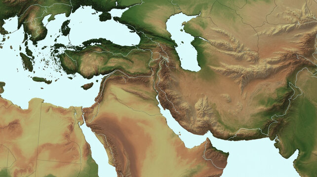 Detailed relief map of mesopotamia and surrounding regions showing mountains and river beds.
