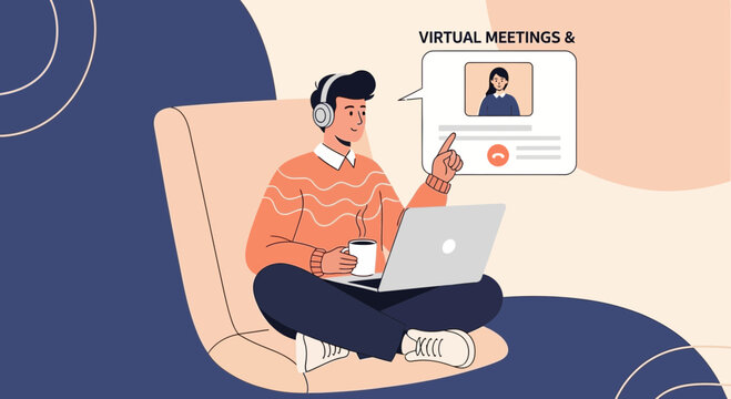 Man on couch with laptop and headphones in virtual meeting, remote work concept