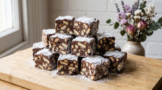 Brazilian Palha Italiana chocolate fudge cubes with biscuit pieces on a wooden board.