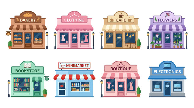 A vibrant vector set of various storefronts including a bakery, clothing store, cafe, flowers shop, bookstore, minimarket, boutique, and electronics store.