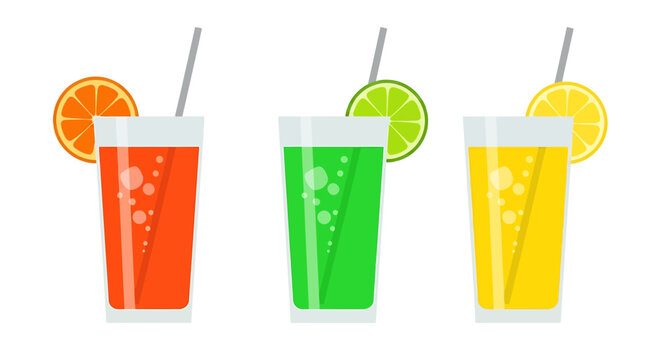 Refreshing colorful citrus soft drinks with orange, lime, and lemon slices and straws in transparent glasses isolated on white background